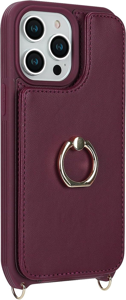 Lipvina for iPhone 12/12 Pro Case with Card Holder and Strap for Women,Crossbody Lanyard,RFID Blocking,Kickstand Ring Stand,Snap Clasp,Phone Wallet Cases 6.1 inch(Wine Red)