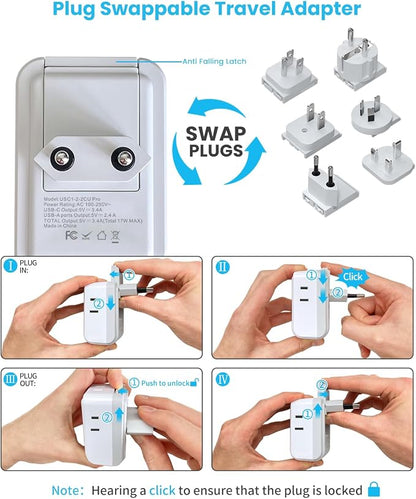 VINTAR Universal Travel Adapter Kit, International Power Adapter with 4 AC & 3 USB Ports(2 USB C), Type A,B,C,E/F,G,I, Swap Adapt Attachments, Travel Adapter Worldwide for Europe/UK/Aus/Japan/Africa