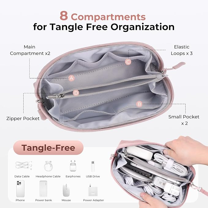 FYY Travel Cable Organizer - 8 Compartments, Lightweight, Water Repellent | With Wrist Strap, Portable Tech Pouch for Cord Charger, Travel and Business Trips Use, Soft Shell Nylon, Pink (Large)