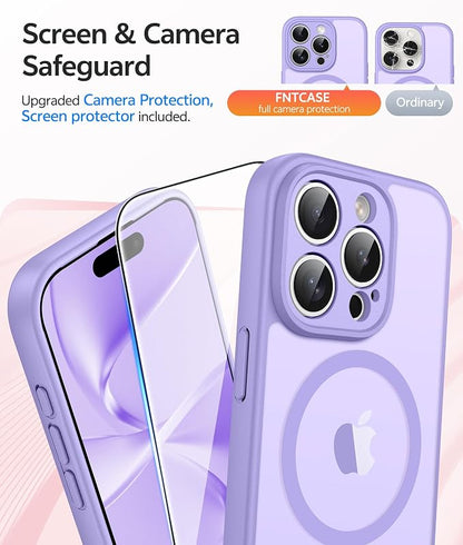 FNTCASE for iPhone 15 Pro Max Case: [Compatible with Magsafe] Translucent Matte Cases with [Full Camera Protection] [Screen Protector] Military Grade Shockproof Protective Phone Cover - Light Purple