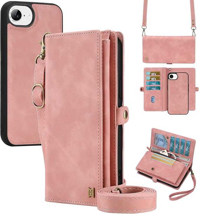 for Wallet Case Compatible with iPhone 16e / 17e,Multi-Function Detachable 2 in 1 Magnetic iPhone 16e/17e Case Wallet,Flip Strap Zipper Card Holder Phone Case with Shoulder Straps (Pink)
