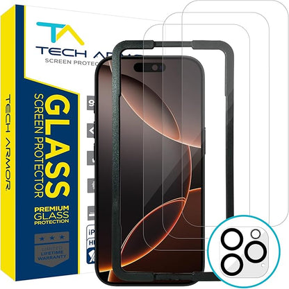 Tech Armor for iPhone 16 Pro Max Screen Protector - Ballistic Tempered Glass, Case Friendly, Sensor Protection, HD, 9H Hardness, 3 Pack + Bonus Camera Lens Protector