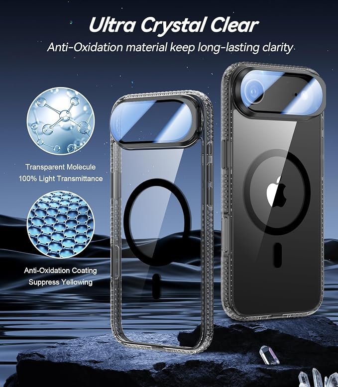[Upgraded Full Camera Protection] for iPhone Air Case with Camera Cover Stand [Fit for MagSafe][10FT Mil-Grade Protection] Transparent Magnetic Phone Cover for iPhone 17 Air Case, Clear Black