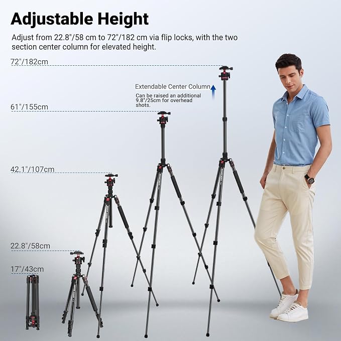 NEEWER Basics 72" / 182 cm Travel Tripod Monopod for Camera, Compact Lightweight Portable Video Recording Stand, Arca Type Ball Head, Cell Phone Holder Compatible with iPhone, Max Load 13.2 lb, TP14B