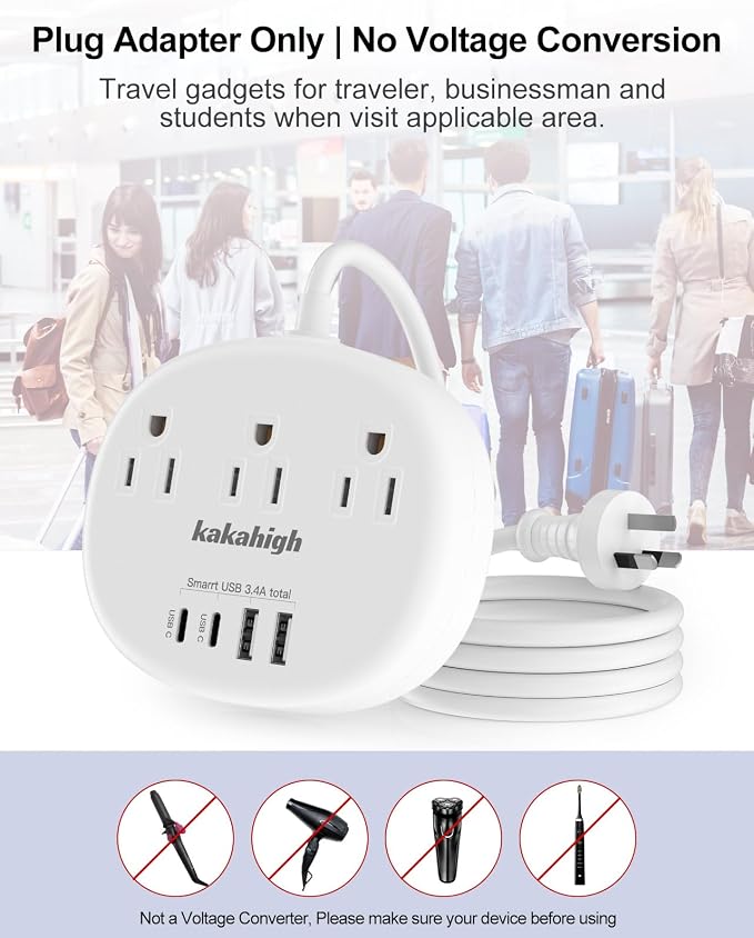 Australia Power Plug Adapter, 4FT AU Power Strip | New Zealand Plug Adapter with 3 USA Outlets 4 USB Ports Total 24W, Type I Plug Adapter for USA to Australia, Argentina, China