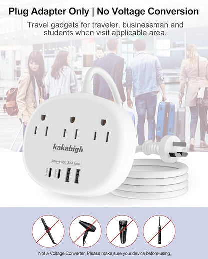 Australia Power Plug Adapter, 4FT AU Power Strip | New Zealand Plug Adapter with 3 USA Outlets 4 USB Ports Total 24W, Type I Plug Adapter for USA to Australia, Argentina, China