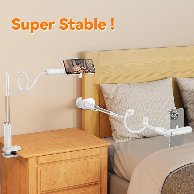 Gooseneck Phone Holder for Bed, Universal Cell Phone Stand with Clamp Mount, 900° Rotation Overhead Phone Mount with Flexible Long Arm for Bedside,Headboard,Desk (43.3 Inches Length)
