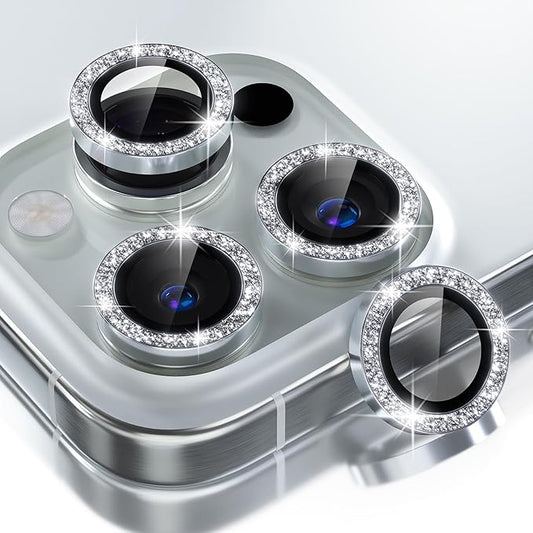 Choiche Compatible for iPhone 16 Pro/iPhone 16 Pro Max Camera Lens Protector Bling, 9H Tempered Glass Camera Cover Screen Protector Metal Ring Decoration Accessories (Glitter-Silver)
