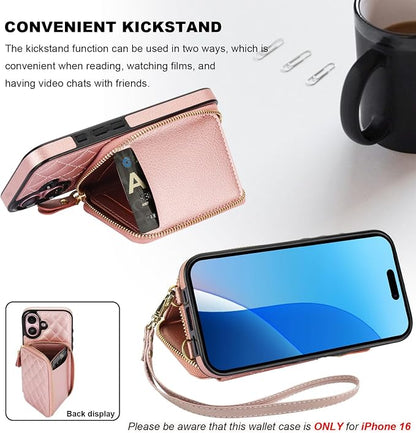 Bocasal Crossbody Wallet Case for iPhone 16, RFID Blocking PU Leather Zipper Handbag Purse Flip Cover, Kickstand Folio Case with Card Slots Holder Wrist Strap Lanyard 5G 6.1 Inch (Rose Gold)