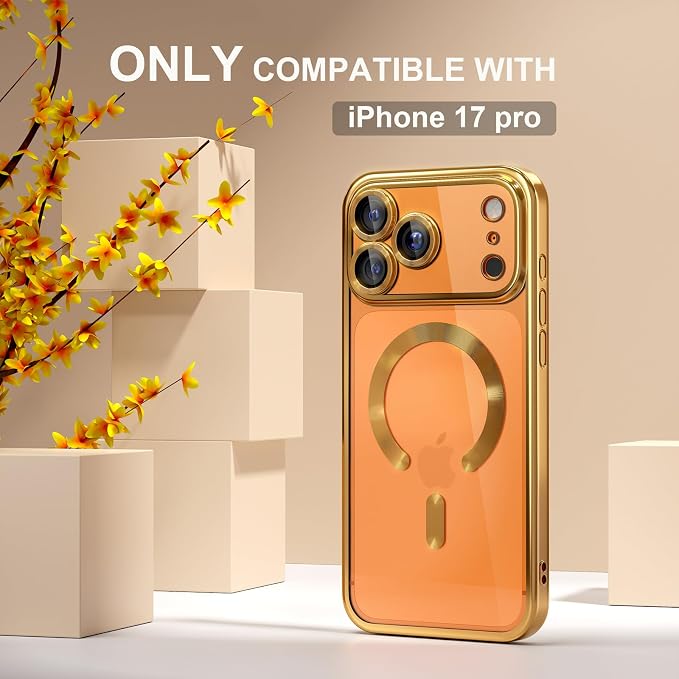 Misea Magnetic for iPhone 17 Pro Case Compatible with MagSafe [Never Yellowing] [Military Grade Drop Protection] Full Camera Lens Protector Plating Soft Clear Phone Case for Women, Gold