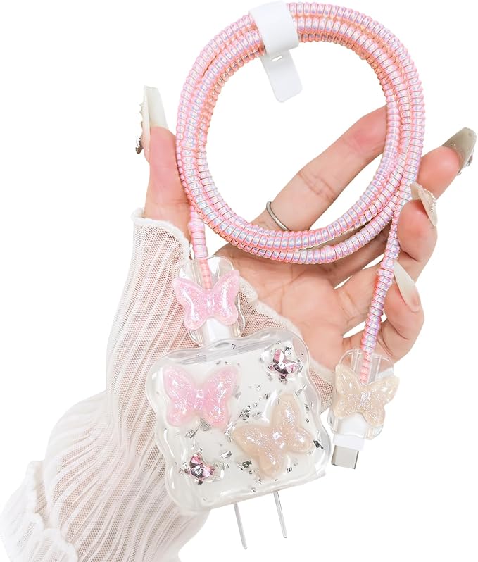 Lovmooful Compatible for iPhone 18W/20W USB-C Charger Cover Clear Lovely 3D Butterfly Waves Design Soft Charger Protector Cute Cable Case Saver Protector for Girls Women-Pink Butterfly