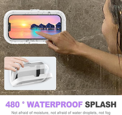 Waterproof Shower Phone Holder Mount 480° Rotation - Universal Phone Holder for Shower, HD Touch, Strong Adhesive Suction, Suitable for Bathroom, Kitchen, Mirror Wall