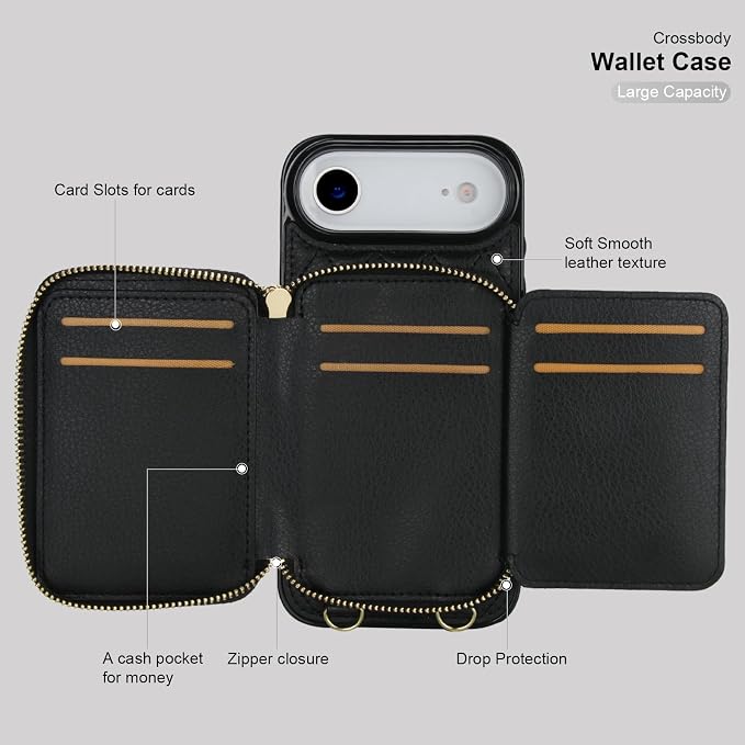 Bocasal Crossbody Wallet Case for iPhone 17 Air, RFID Blocking PU Leather Zipper Handbag Purse Flip Cover, Kickstand Folio Case with Card Slots Holder Wrist Strap Lanyard 5G 6.5 Inch (Black)