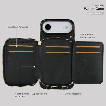 Bocasal Crossbody Wallet Case for iPhone 17 Air, RFID Blocking PU Leather Zipper Handbag Purse Flip Cover, Kickstand Folio Case with Card Slots Holder Wrist Strap Lanyard 5G 6.5 Inch (Black)