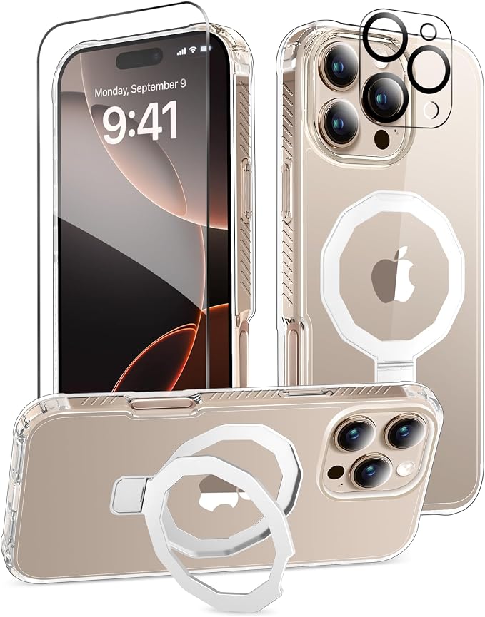 for iPhone 16 Pro Max Case, with Screen Protector + Camera Lens Protector, Built-in Seamless Stand, [Compatible with MagSafe] Protective Shockproof Phone Case, Cover for iPhone 16ProMax - Clear