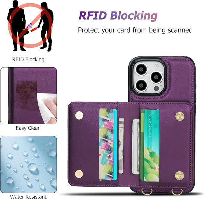 LOHASIC for iPhone 16 Pro Max Case Wallet with Detachable Crossbody Strap & Wrist Lanyard, RFID Blocking, 4 Card Slots 2 Cash Pockets, Vegan Leather Case with Card Holder for Women Girls, Purple