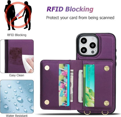 LOHASIC for iPhone 16 Pro Max Case Wallet with Detachable Crossbody Strap & Wrist Lanyard, RFID Blocking, 4 Card Slots 2 Cash Pockets, Vegan Leather Case with Card Holder for Women Girls, Purple