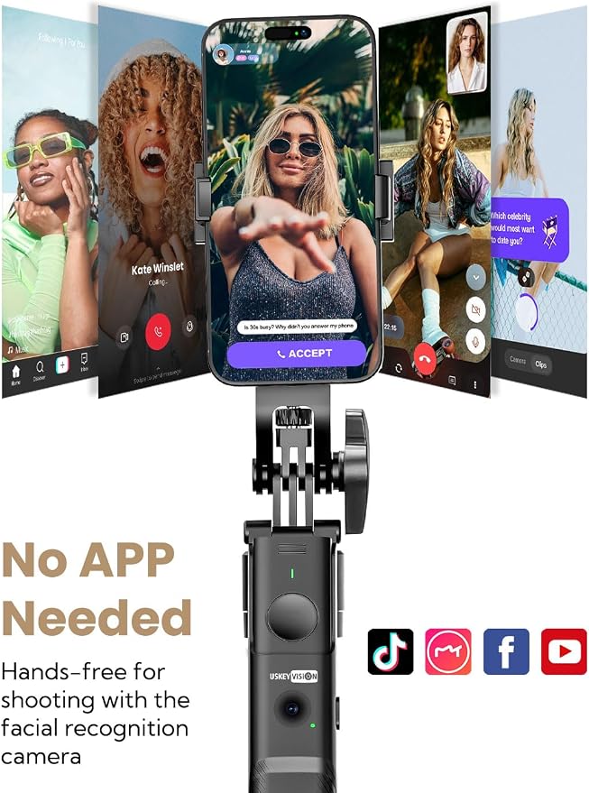 USKEYVISION Auto Face Tracking Tripod for iPhone 360°Rotation,Selfie Stick for Android w/Remote&Ground Spike,68” Phone Tripod Stand that Follows Your Movement for Video Recording,Vlogging(R01)