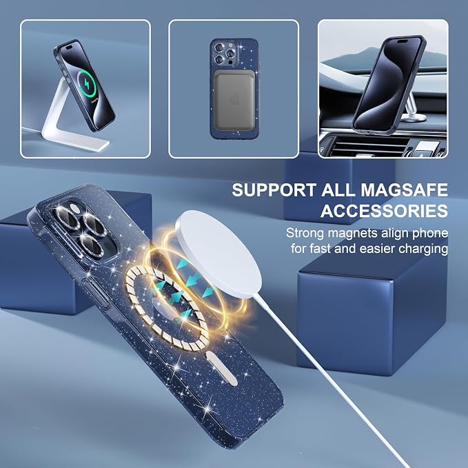 Choiche for iPhone 15 Pro Max Case Magnetic, Women Clear Glitter Bling Sparkly Case, [3xDiamond Camera Lens Protectors] [2xTempered Glass Screen Protectors] [Compatible MagSafe] (Glitter Blue)