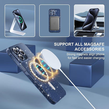 Choiche for iPhone 15 Pro Max Case Magnetic, Women Clear Glitter Bling Sparkly Case, [3xDiamond Camera Lens Protectors] [2xTempered Glass Screen Protectors] [Compatible MagSafe] (Glitter Blue)