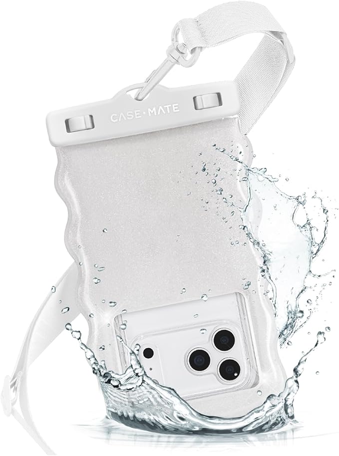 Case-Mate Wavy IP68 Waterproof Phone Pouch - Large Floating Phone Case w/Crossbody Lanyard - Cruise Ship Travel Essentials Compatible w/All Devices - Hidden Pocket for Card/Cash- Ivory Twinkle