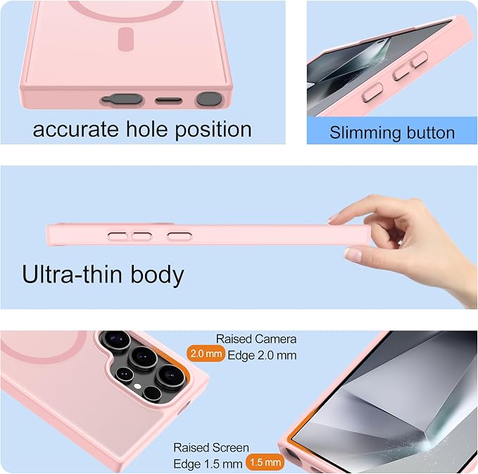For Samsung Galaxy S24 Ultra Case [Compatible with Magsafe] Translucent Matte Magnetic S24 Ultra Phone Case,SlimThin Duty Shockproof Protection Cover with 2pc HD Screen Protector for S24 Ultra-Pink