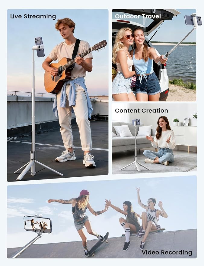 Lamicall 65" Phone Tripod & Selfie Stick - [Tap-to-Open] iPhone Tripod with Remote & Cold Shoe, Aluminum Phone Stand for Recording Compatible with iPhone for Video Recording Live Stream Vlog White