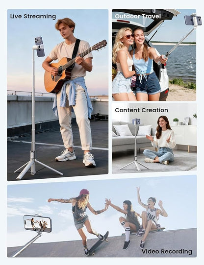 Lamicall 65" Phone Tripod & Selfie Stick - [Tap-to-Open] iPhone Tripod with Remote & Cold Shoe, Aluminum Phone Stand for Recording Compatible with iPhone for Video Recording Live Stream Vlog White