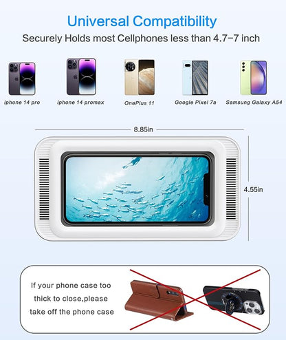 Waterproof Shower Phone Holder with 480° Rotation and Angle Adjustable, Enhanced Sound Quality, Fits Phones up to 7 Inches（White）