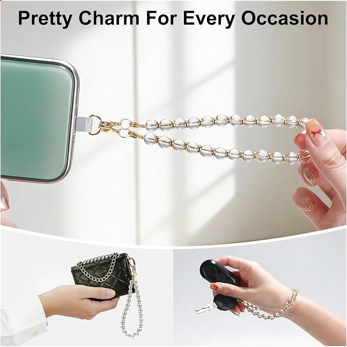 TEAMOLA Natural Stone Phone Charm, Handmade Crystal Cellphone Chain for Universal, Beaded Healing Anti Theft Phone Wrist Strap with Tether Tab, Clear Quartz