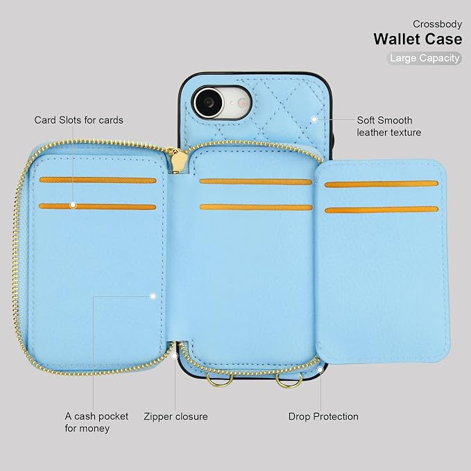 Bocasal Crossbody Wallet Case for iPhone 17e/16e, RFID Blocking PU Leather Zipper Handbag Purse Flip Cover, Kickstand Folio Case with Card Slots Holder Wrist Strap Lanyard 6.1 Inch 5G (Blue)