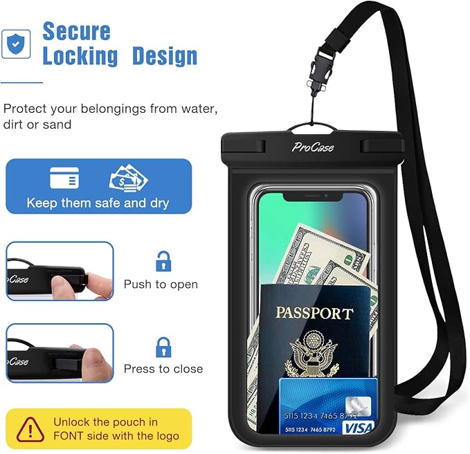 ProCase Waterproof Phone Pouch for iPhone 17 Air 16 15 14 13 12 11 Pro Plus Max Mini Xs XR X 8 7 Galaxy S23 S22 S21 Ultra Note Black Underwater Case, up to 7" -Black/White/Green/Clear
