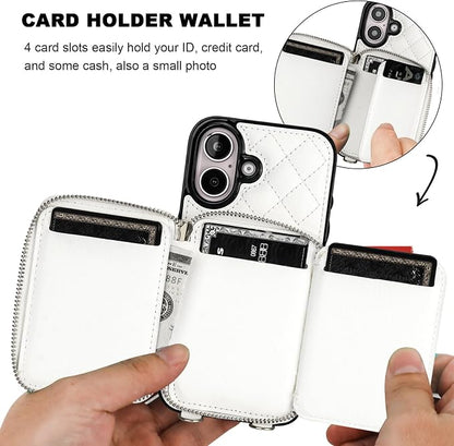 Bocasal Crossbody Wallet Case for iPhone 16, RFID Blocking PU Leather Zipper Handbag Purse Flip Cover, Kickstand Folio Case with Card Slots Holder Wrist Strap Lanyard 5G 6.1 Inch (White)