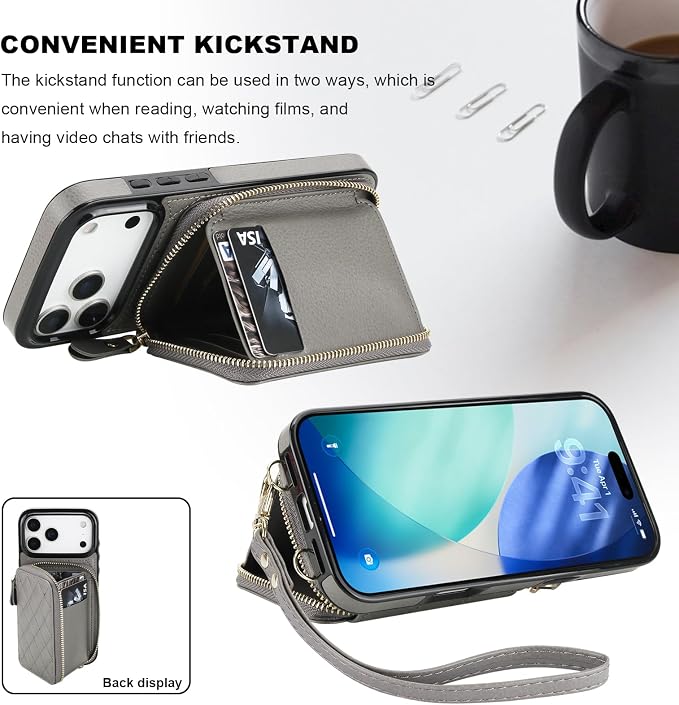 Bocasal Crossbody Wallet Case for iPhone 17 Pro Max, RFID Blocking PU Leather Zipper Handbag Purse Flip Cover, Kickstand Folio Case with Card Slots Holder Wrist Strap Lanyard 5G 6.9 Inch (Grey)