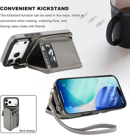 Bocasal Crossbody Wallet Case for iPhone 17 Pro Max, RFID Blocking PU Leather Zipper Handbag Purse Flip Cover, Kickstand Folio Case with Card Slots Holder Wrist Strap Lanyard 5G 6.9 Inch (Grey)
