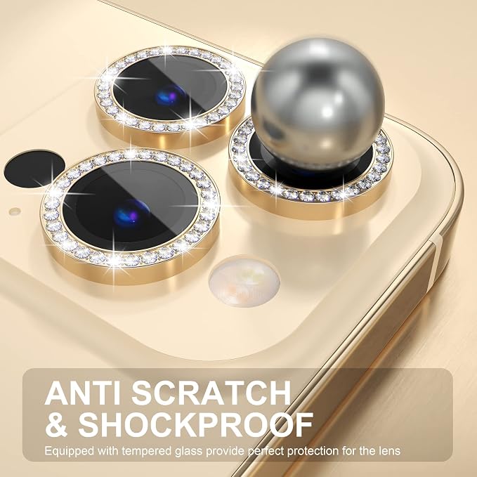 Choiche Compatible for iPhone 14 Pro/iPhone 14 Pro Max Camera Lens Protector Bling, 9H Tempered Glass Camera Cover Screen Protector Metal Ring Decoration Accessories (Diamond-Gold)