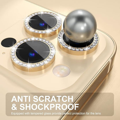 Choiche Compatible for iPhone 14 Pro/iPhone 14 Pro Max Camera Lens Protector Bling, 9H Tempered Glass Camera Cover Screen Protector Metal Ring Decoration Accessories (Diamond-Gold)