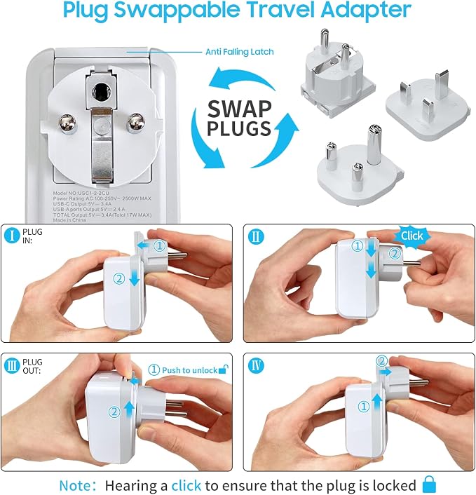 South Africa Power Adapter Kit, VINTAR International Plug Adapter with 3 USB Ports (2 USB C, 3.4A) 2 American Outlets, Type M,G,E/F Detachable Attachments, Adapter for US to Africa Botswana Morocco