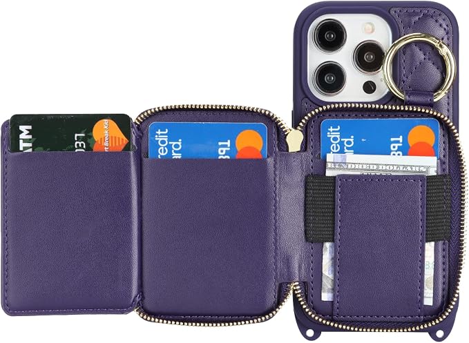 Crossbody Wallet Case for iPhone 14 Pro, PU Leather Zipper Handbag Purse Flip Cover, Kickstand Folio Case with Card Slots Holder Wrist Strap Lanyard 5G 6.1 Inch-Purple