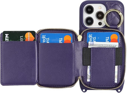 Crossbody Wallet Case for iPhone 14 Pro, PU Leather Zipper Handbag Purse Flip Cover, Kickstand Folio Case with Card Slots Holder Wrist Strap Lanyard 5G 6.1 Inch-Purple