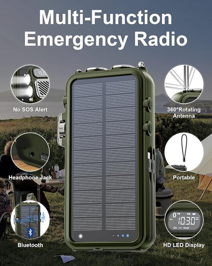 Emergency Radio&22000mAh Solar Power Bank, FM NOAA Weather Radio, Portable Hand Crank Bluetooth Radio, 20W Fast Charge Wireless Phone Charger, SOS Flashlight for Emergency/Home (Green)