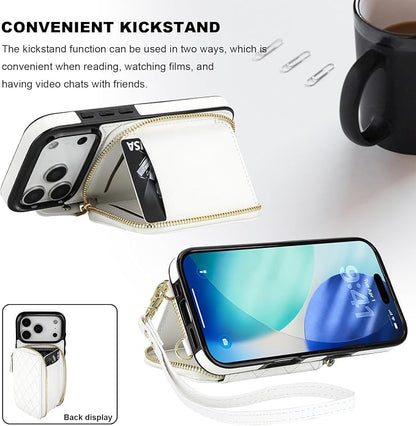 Bocasal Crossbody Wallet Case for iPhone 17 Pro, RFID Blocking PU Leather Zipper Handbag Purse Flip Cover, Kickstand Folio Case with Card Slots Holder Wrist Strap Lanyard 5G 6.3 Inch (White)