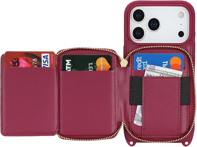 Crossbody Wallet Case for iPhone 17 Pro, PU Leather Zipper Handbag Purse Flip Cover, Kickstand Folio Case with Card Slots Holder Wrist Strap Lanyard 5G 6.3 Inch-Dark red