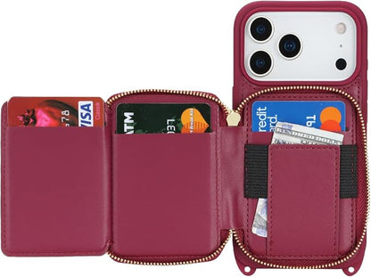 Crossbody Wallet Case for iPhone 17 Pro, PU Leather Zipper Handbag Purse Flip Cover, Kickstand Folio Case with Card Slots Holder Wrist Strap Lanyard 5G 6.3 Inch-Dark red
