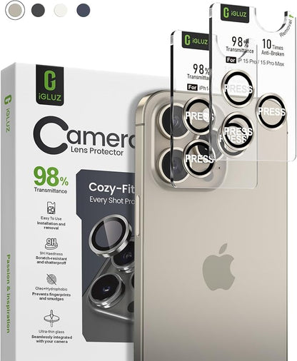 iGluz 2 Pack Anti-Reflection Camera Lens Protector for iPhone 15 Pro/iPhone 15 Pro Max [Anti-fog Coating][1-Step Installation Tray][Strong Adsorption] 9H Shatterproof Tempered Glass-Natural Titanium
