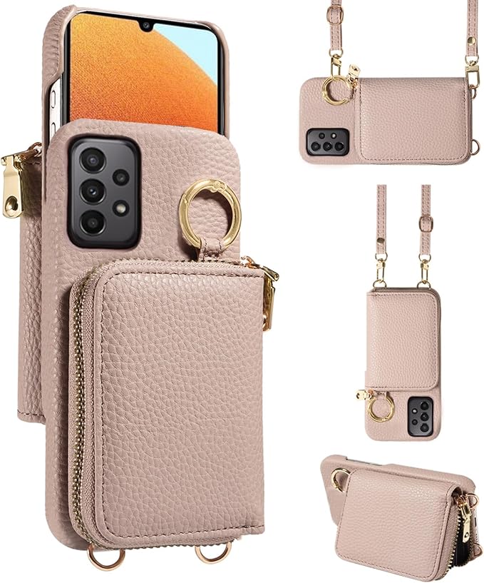Wallet Case for Samsung Galaxy A23 5G/4G with Shoulder Strap Ring Buckle, Luxury PU Leather Zipper Flip Organ Purse, Credit Card Holder Stand Full Body Cell Phone Cover for A 23 23A 6.6 Khaki