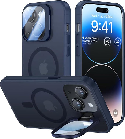 for iPhone 14 Plus Case with Camera Cover Stand [Built-in 9H Camera Lens Protector][Fit for Magsafe] Military Grade Shockproof Translucent Matte Magnetic Phone Case 6.7",Blue