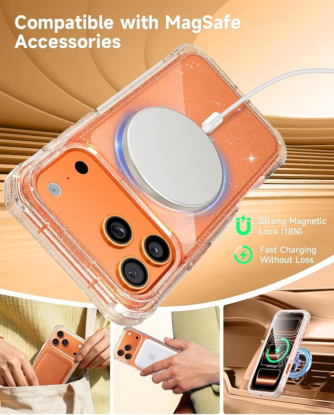 seacosmo Magnetic for iPhone 17 Pro Max Case for Women, Girly, Men, Full Body with Built-in Screen and Camera Lens Protector, Anti-Yellowing, Shockproof Cute Phone Case, 6.9", Clear Glitter
