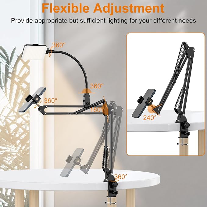 Overhead Phone Mount with 60 LED Portable Selfie Light and Phone Holder for Desk, Camera Mount Arm Stand with Remote, Overhead Stand for Video Recording, Live Streaming, TikTok, YouTube and Cooking