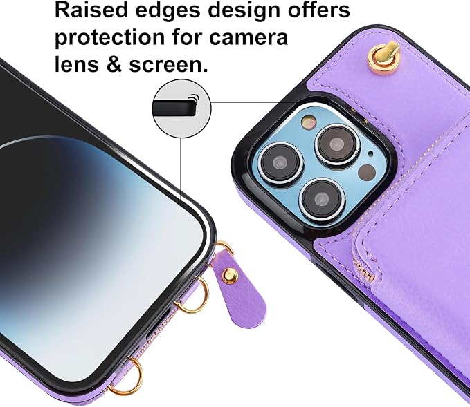 Bocasal Crossbody Wallet Case for iPhone 14 Pro Max, RFID Blocking Leather Purse Case with Card Holder, Protective Handbag Flip Cover with Zipper Wrist Strap Lanyard for Women 5G 6.7 Inch (Purple)